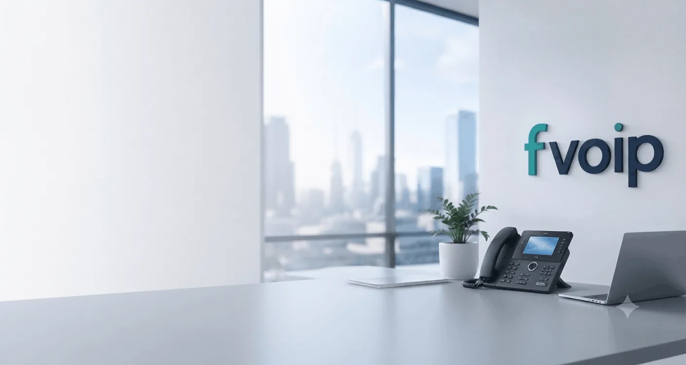 fvoip desk phone in a modern office overlooking the city
