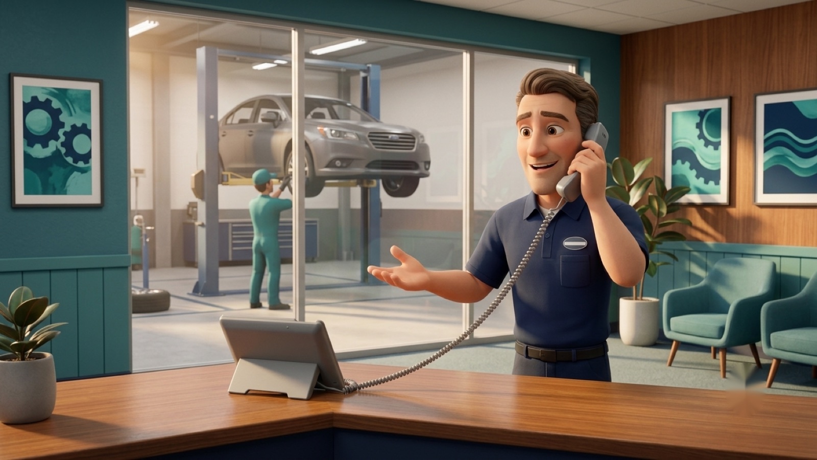 Auto Shops and Dealerships using fvoip business VoIP phone service — front-desk staff answering a customer call