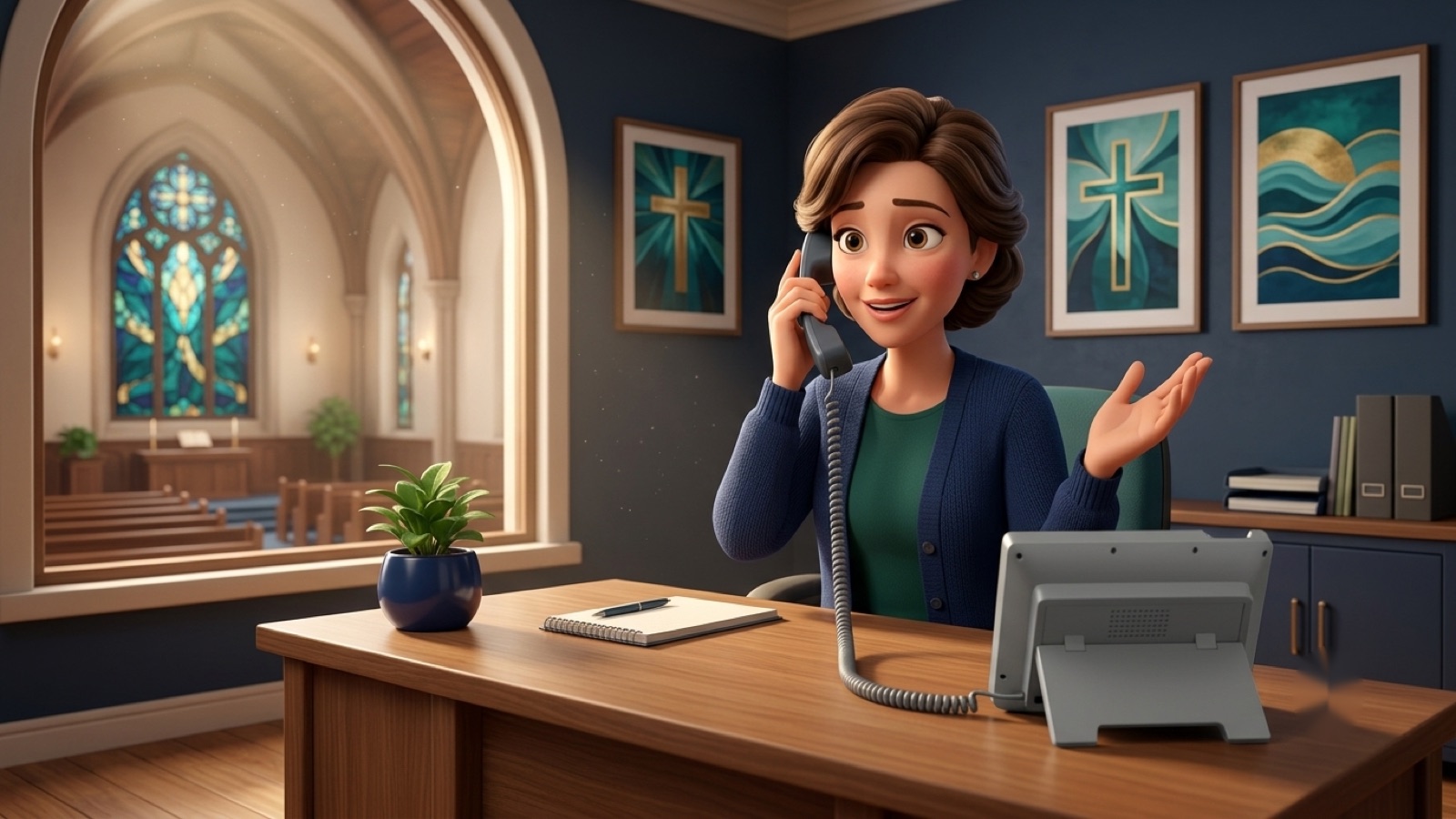 Churches and Nonprofits using fvoip business VoIP phone service — front-desk staff answering a customer call