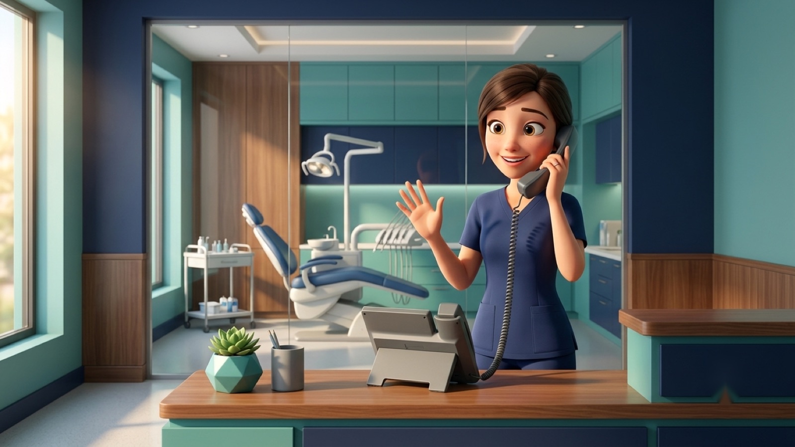 Dental Practices using fvoip business VoIP phone service — front-desk staff answering a customer call