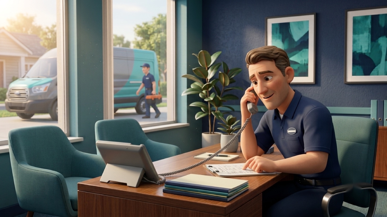 Home Services using fvoip business VoIP phone service — front-desk staff answering a customer call