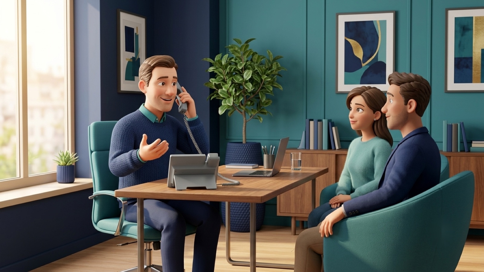Insurance Agencies using fvoip business VoIP phone service — front-desk staff answering a customer call