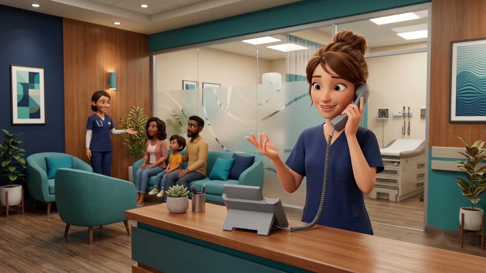 Medical Practices using fvoip business VoIP phone service — front-desk staff answering a customer call