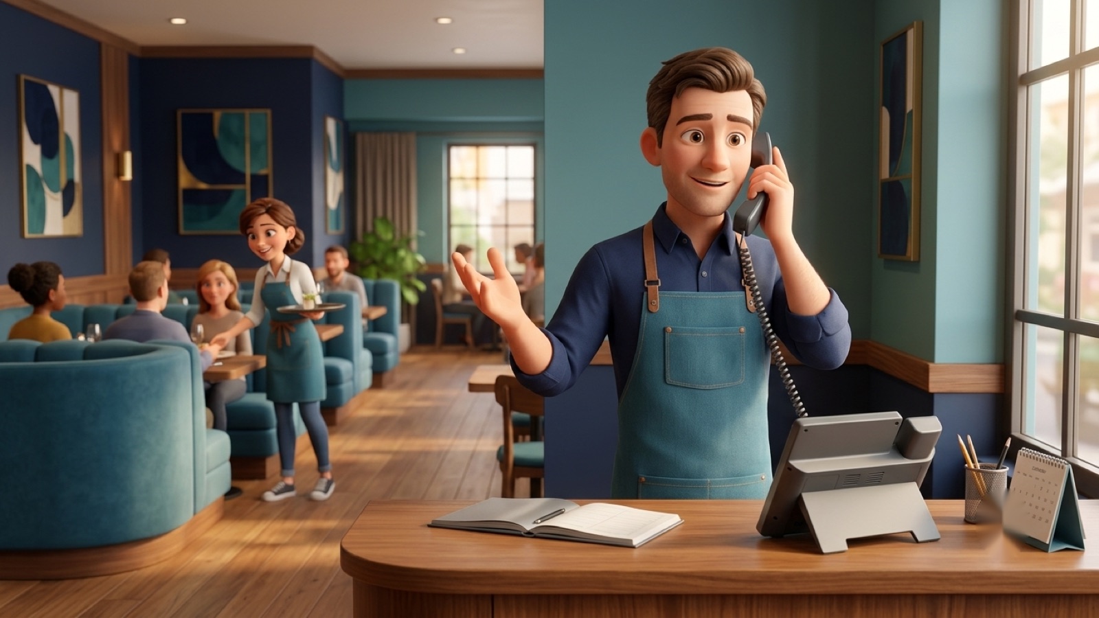 Restaurants using fvoip business VoIP phone service — front-desk staff answering a customer call