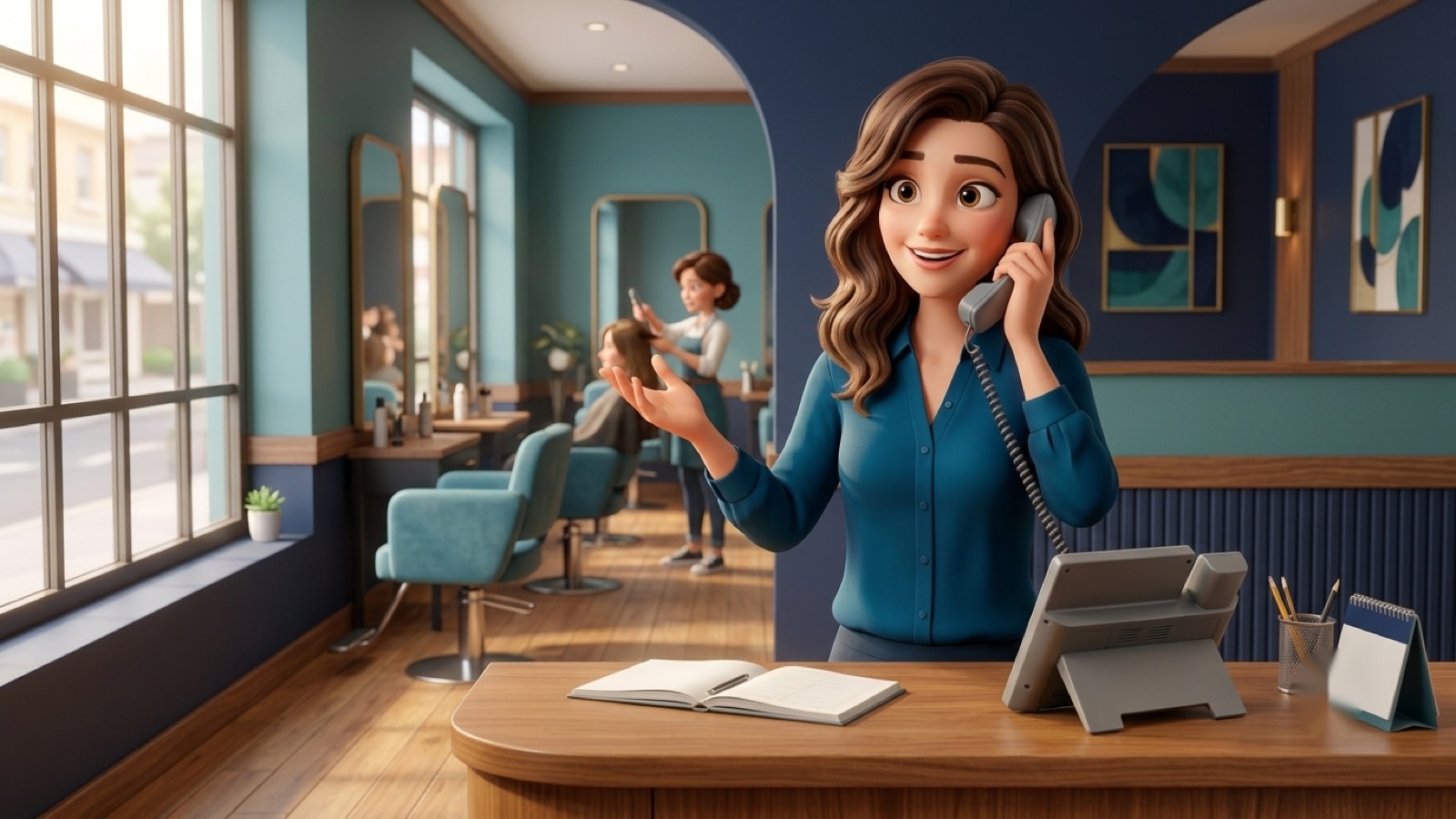 Salons and Spas using fvoip business VoIP phone service — front-desk staff answering a customer call