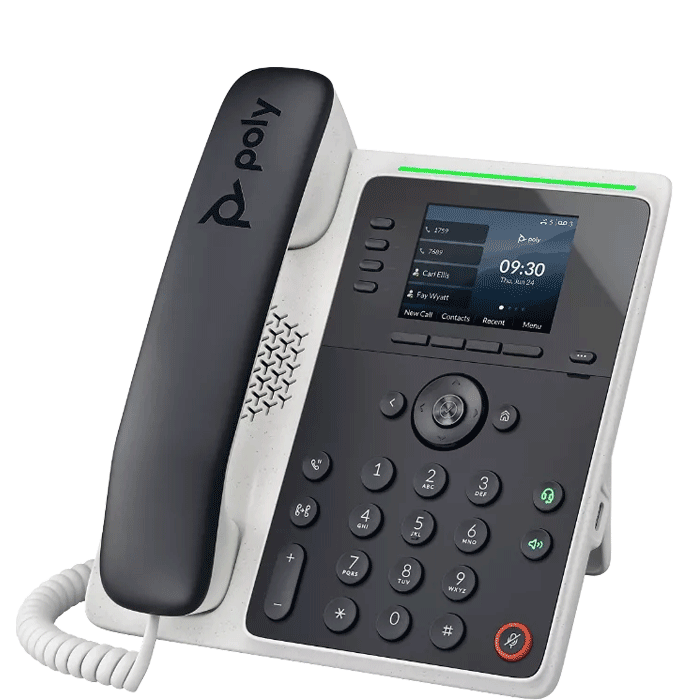 Poly Edge E220 mid-range IP desk phone — 4-line, 2.8" color IPS display, PoE, dual Gigabit ports, Bluetooth, USB — front view
