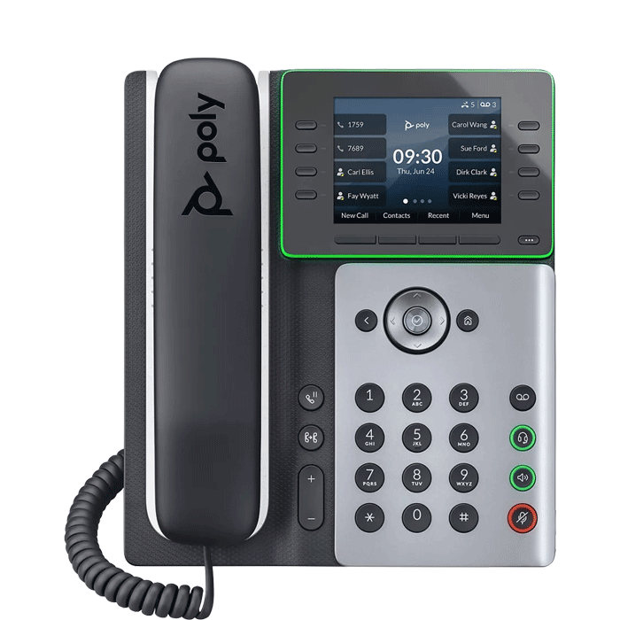 Poly Edge E350 executive IP desk phone — 8-line, 3.5" color IPS display, PoE, dual Gigabit ports, Wi-Fi, Bluetooth, USB — front view