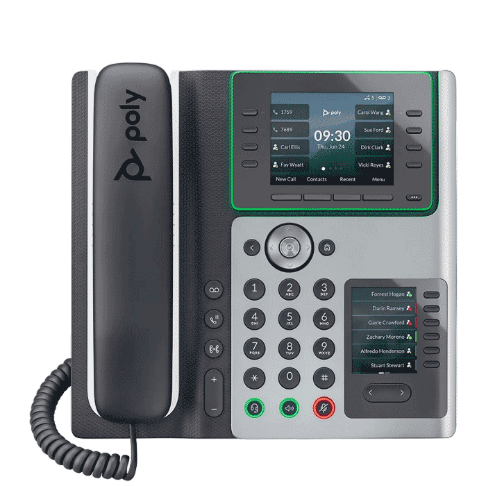 Poly Edge E450 executive IP desk phone — 14-line, Dual color displays, PoE, dual Gigabit ports, Wi-Fi, Bluetooth, USB — front view